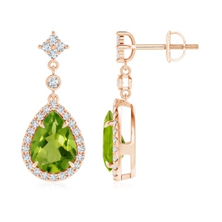 8x6mm AAAA Claw-Set Pear Peridot and Diamond Halo Drop Earrings in Rose Gold