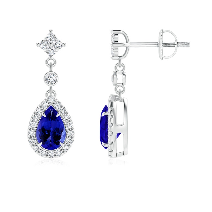 6x4mm AAAA Claw-Set Pear Tanzanite and Diamond Halo Drop Earrings in P950 Platinum