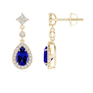 6x4mm AAAA Claw-Set Pear Tanzanite and Diamond Halo Drop Earrings in Yellow Gold