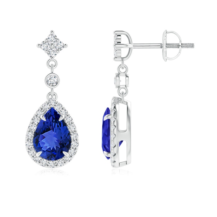 7x5mm AAA Claw-Set Pear Tanzanite and Diamond Halo Drop Earrings in White Gold