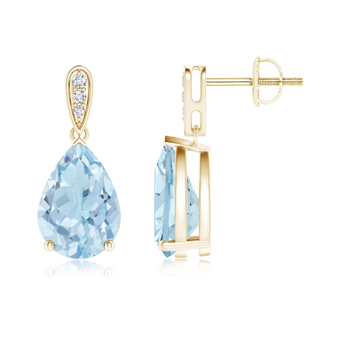 10x7mm AA Pear-Shaped Solitaire Aquamarine Drop Earrings with Diamonds in Yellow Gold 