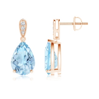 10x7mm AAA Pear-Shaped Solitaire Aquamarine Drop Earrings with Diamonds in Rose Gold