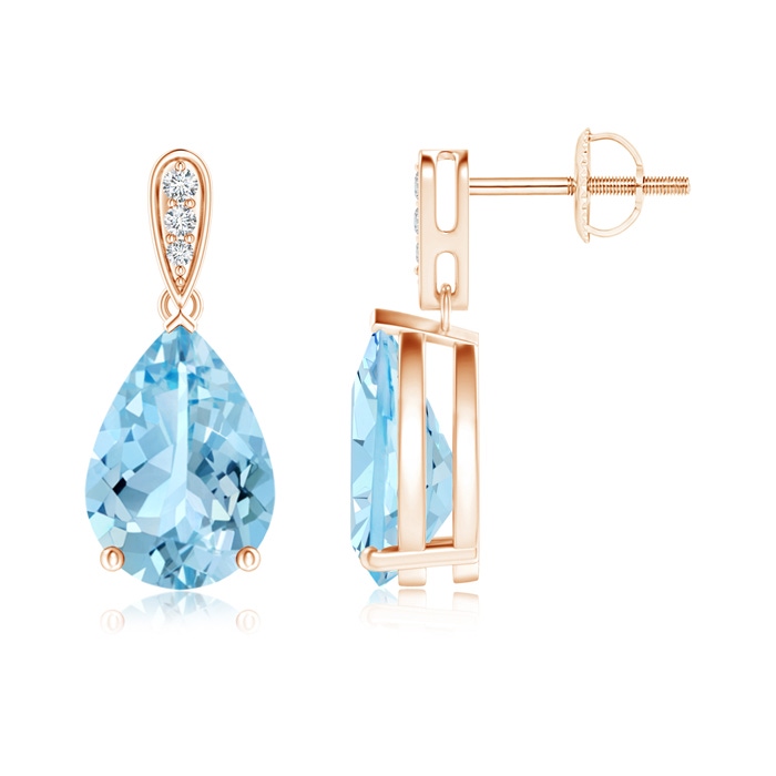 10x7mm AAAA Pear-Shaped Solitaire Aquamarine Drop Earrings with Diamonds in Rose Gold
