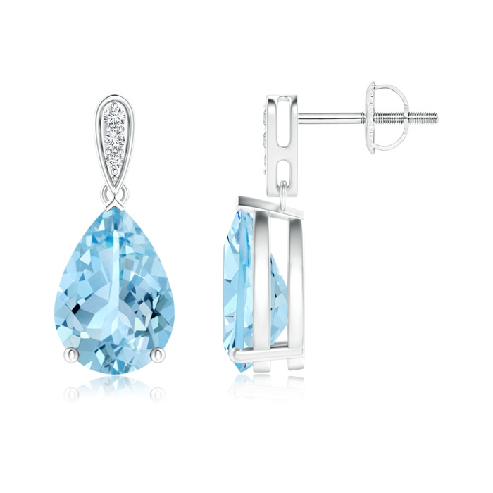 10x7mm AAAA Pear-Shaped Solitaire Aquamarine Drop Earrings with Diamonds in White Gold