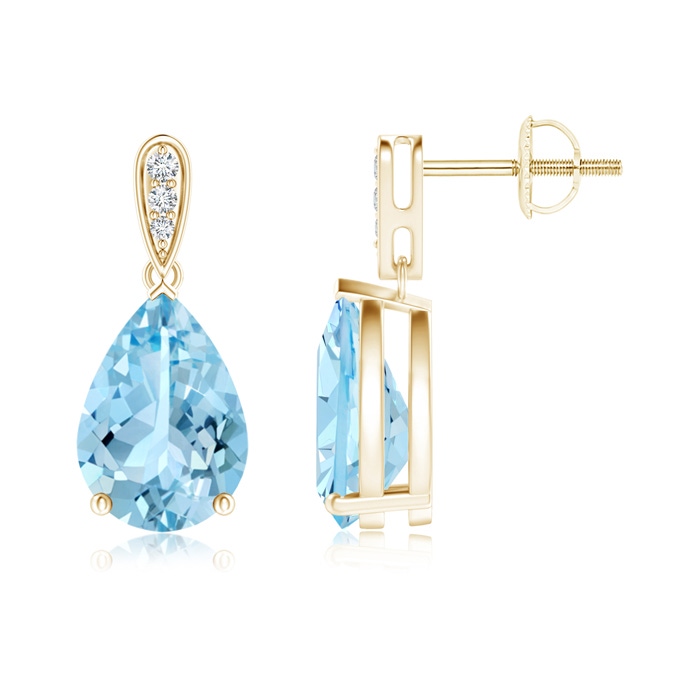 10x7mm AAAA Pear-Shaped Solitaire Aquamarine Drop Earrings with Diamonds in Yellow Gold 