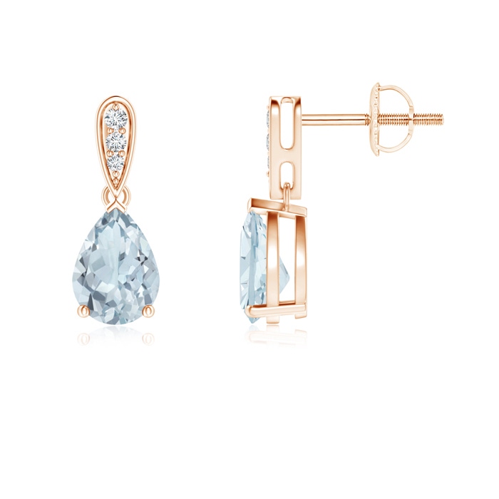 7x5mm A Pear-Shaped Solitaire Aquamarine Drop Earrings with Diamonds in 9K Rose Gold 