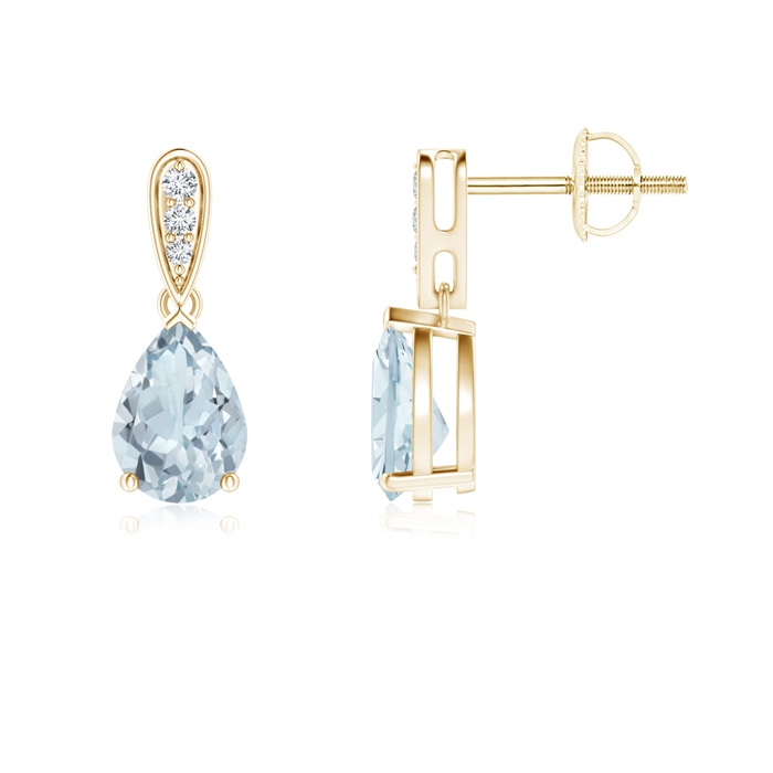7x5mm A Pear-Shaped Solitaire Aquamarine Drop Earrings with Diamonds in Yellow Gold 