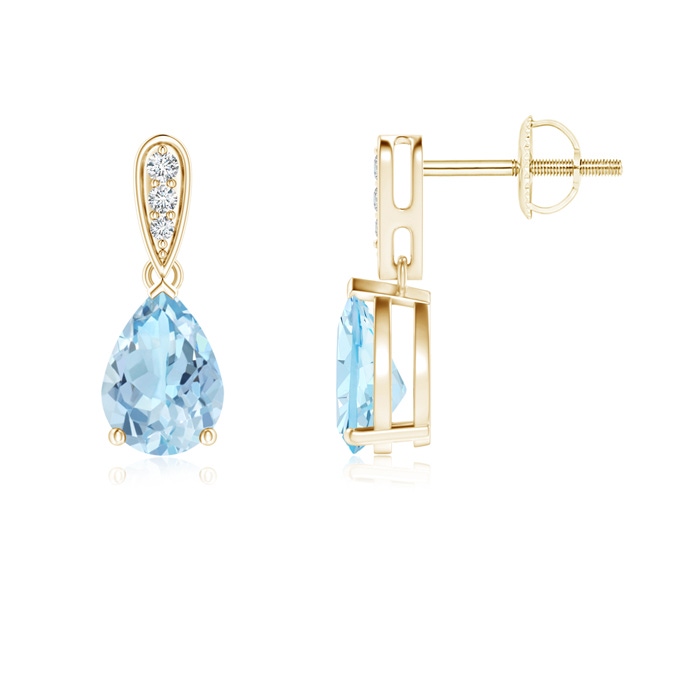 7x5mm AAA Pear-Shaped Solitaire Aquamarine Drop Earrings with Diamonds in Yellow Gold 