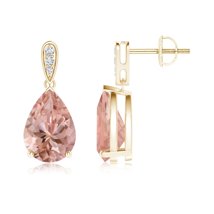 10x7mm AAAA Pear-Shaped Solitaire Morganite Drop Earrings with Diamonds in Yellow Gold