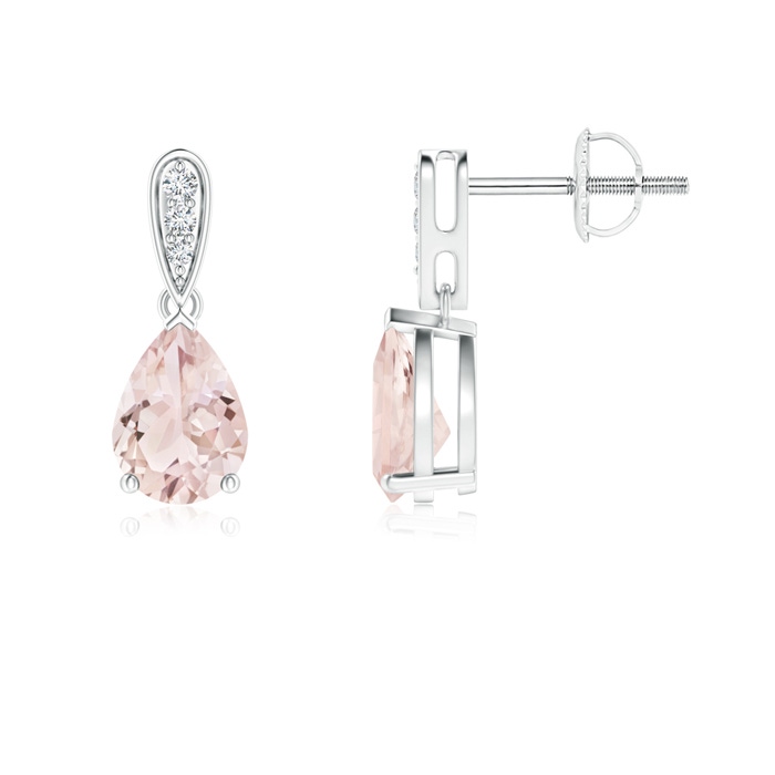 7x5mm A Pear-Shaped Solitaire Morganite Drop Earrings with Diamonds in White Gold 