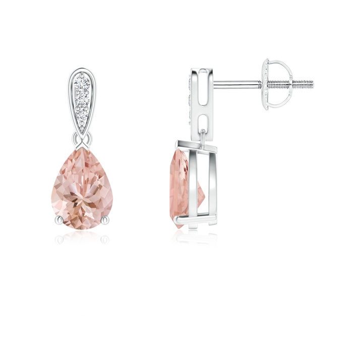 7x5mm AAAA Pear-Shaped Solitaire Morganite Drop Earrings with Diamonds in White Gold
