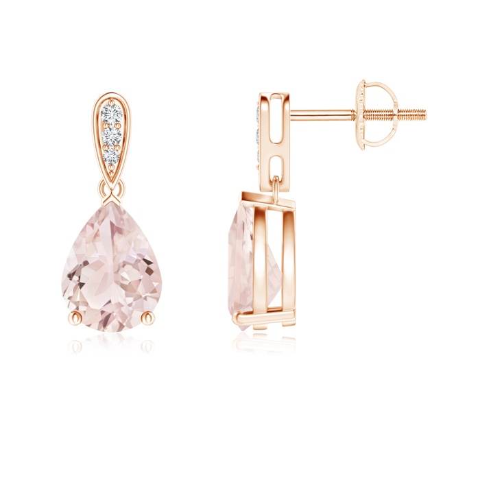 8x6mm A Pear-Shaped Solitaire Morganite Drop Earrings with Diamonds in Rose Gold 