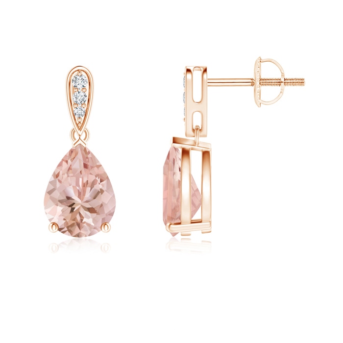 8x6mm AAAA Pear-Shaped Solitaire Morganite Drop Earrings with Diamonds in Rose Gold 