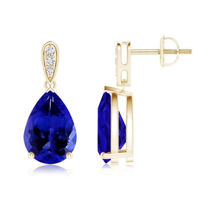 10x7mm AAAA Pear-Shaped Solitaire Tanzanite Drop Earrings with Diamonds in Yellow Gold