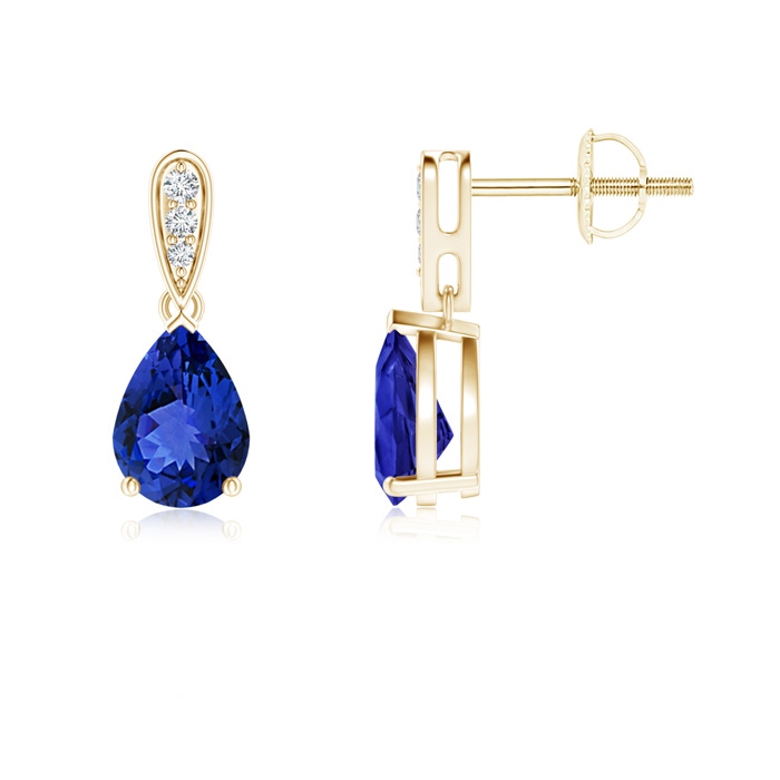 7x5mm AAA Pear-Shaped Solitaire Tanzanite Drop Earrings with Diamonds in Yellow Gold 