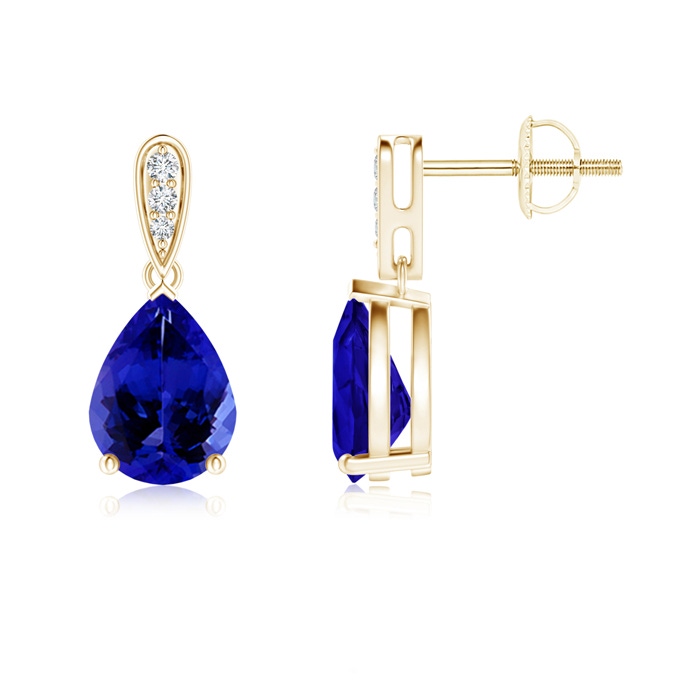 8x6mm AAAA Pear-Shaped Solitaire Tanzanite Drop Earrings with Diamonds in Yellow Gold 