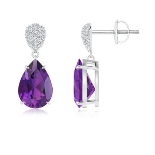 10x7mm AAA Claw-Set Amethyst Drop Earrings with Diamond Pear Motif in White Gold