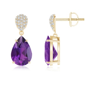 10x7mm AAA Claw-Set Amethyst Drop Earrings with Diamond Pear Motif in Yellow Gold