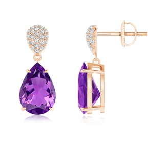 10x7mm AAAA Claw-Set Amethyst Drop Earrings with Diamond Pear Motif in Rose Gold