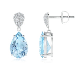 10x7mm AAA Claw-Set Aquamarine Drop Earrings with Diamond Pear Motif in White Gold