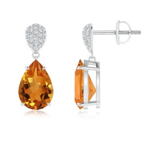 10x7mm AAA Claw-Set Citrine Drop Earrings with Diamond Pear Motif in White Gold