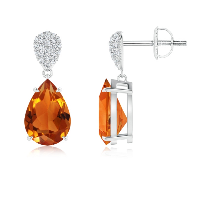 10x7mm AAAA Claw-Set Citrine Drop Earrings with Diamond Pear Motif in White Gold