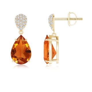 10x7mm AAAA Claw-Set Citrine Drop Earrings with Diamond Pear Motif in Yellow Gold