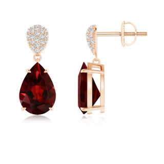 10x7mm AAA Claw-Set Garnet Drop Earrings with Diamond Pear Motif in Rose Gold