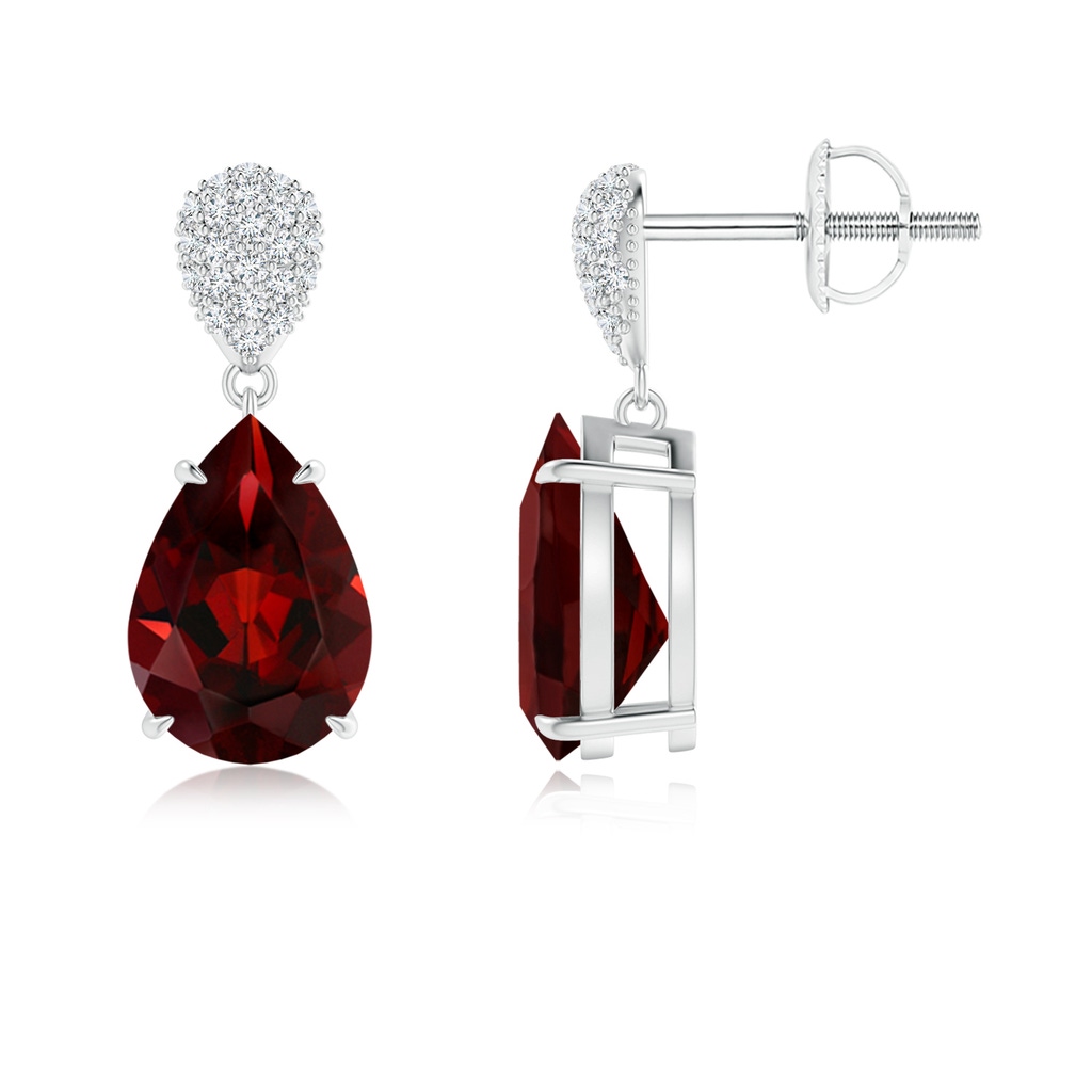 10x7mm AAA Claw-Set Garnet Drop Earrings with Diamond Pear Motif in White Gold