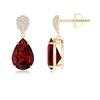 10x7mm AAAA Claw-Set Garnet Drop Earrings with Diamond Pear Motif in Yellow Gold