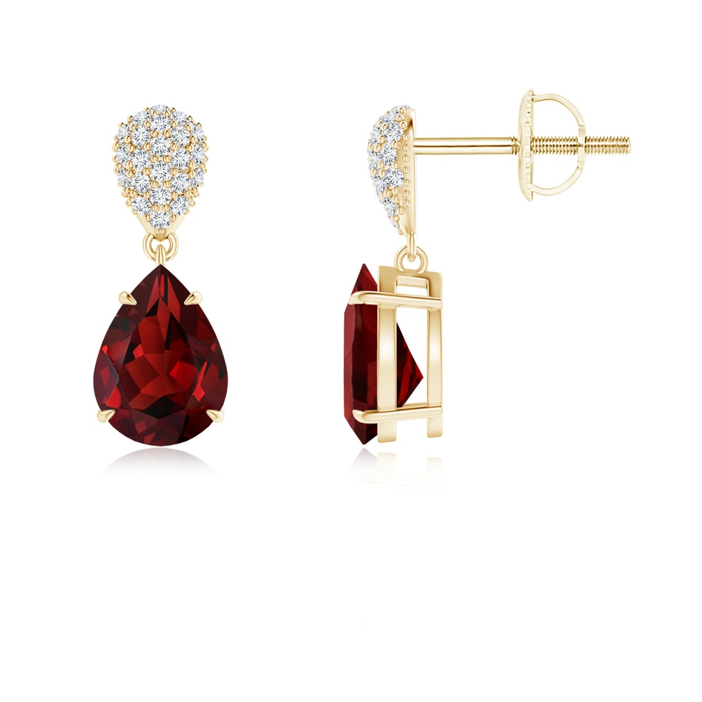 8x6mm AAAA Claw-Set Garnet Drop Earrings with Diamond Pear Motif in Yellow Gold