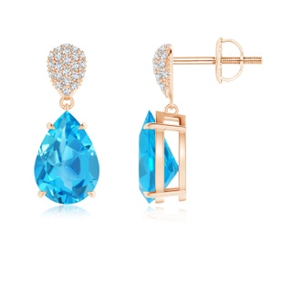 10x7mm AAA Claw-Set Swiss Blue Topaz Drop Earrings with Pear Motif in Rose Gold