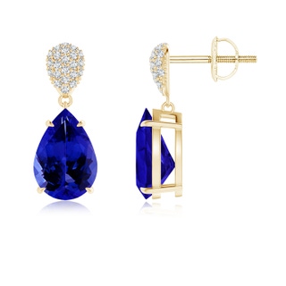 10x7mm AAAA Claw-Set Tanzanite Drop Earrings with Diamond Pear Motif in Yellow Gold