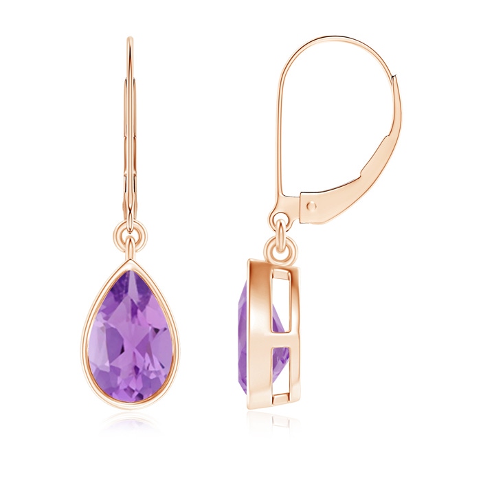 8x5mm A Bezel-Set Pear Amethyst Leverback Drop Earrings in Rose Gold 