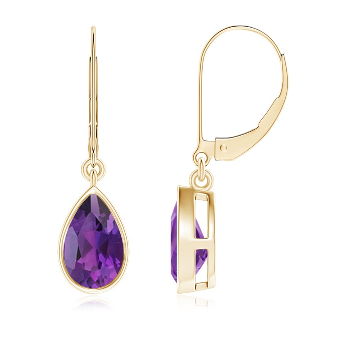 8x5mm AAA Bezel-Set Pear Amethyst Leverback Drop Earrings in Yellow Gold 