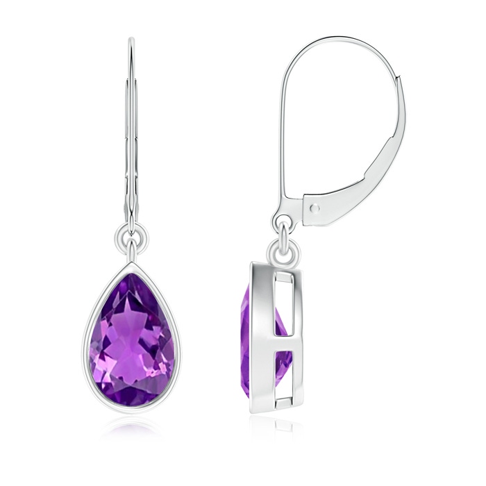 8x5mm AAAA Bezel-Set Pear Amethyst Leverback Drop Earrings in White Gold