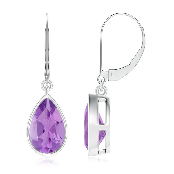 9x6mm A Bezel-Set Pear Amethyst Leverback Drop Earrings in White Gold 