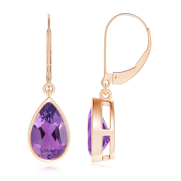 9x6mm AA Bezel-Set Pear Amethyst Leverback Drop Earrings in Rose Gold 