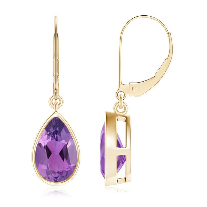 9x6mm AA Bezel-Set Pear Amethyst Leverback Drop Earrings in Yellow Gold 