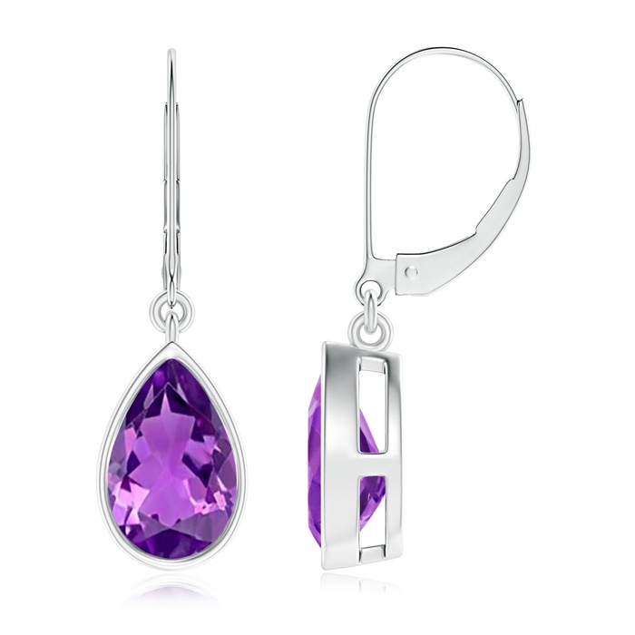 9x6mm AAAA Bezel-Set Pear Amethyst Leverback Drop Earrings in P950 Platinum 