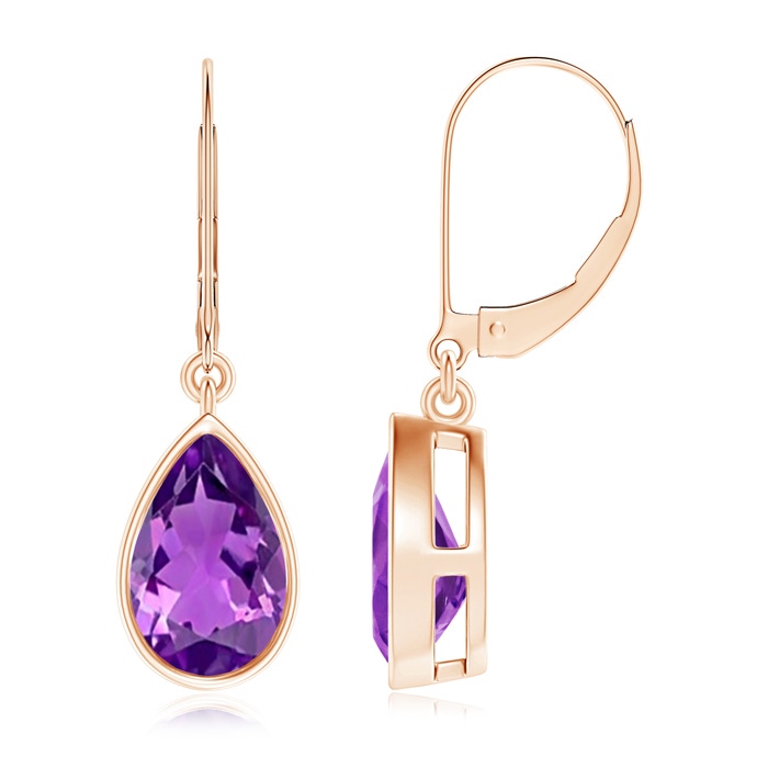 9x6mm AAAA Bezel-Set Pear Amethyst Leverback Drop Earrings in Rose Gold