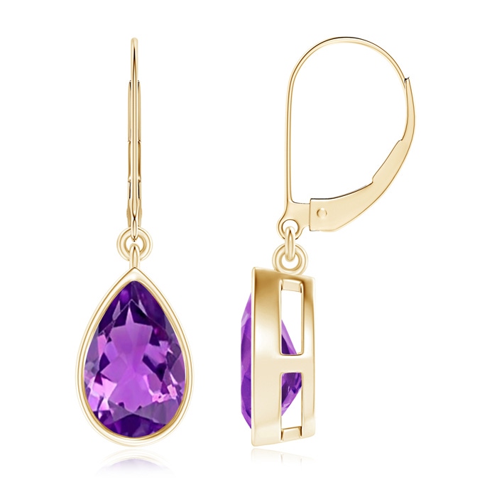 9x6mm AAAA Bezel-Set Pear Amethyst Leverback Drop Earrings in Yellow Gold 