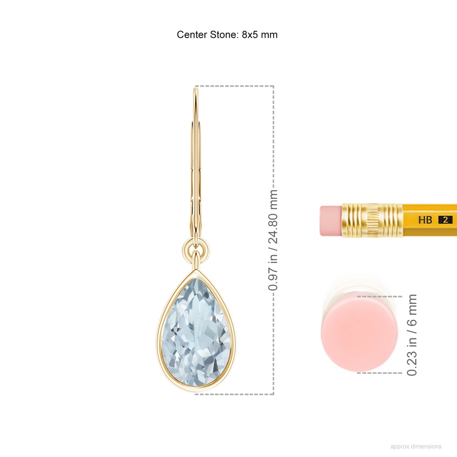 8x5mm A Bezel-Set Pear Aquamarine Leverback Drop Earrings in Yellow Gold ruler