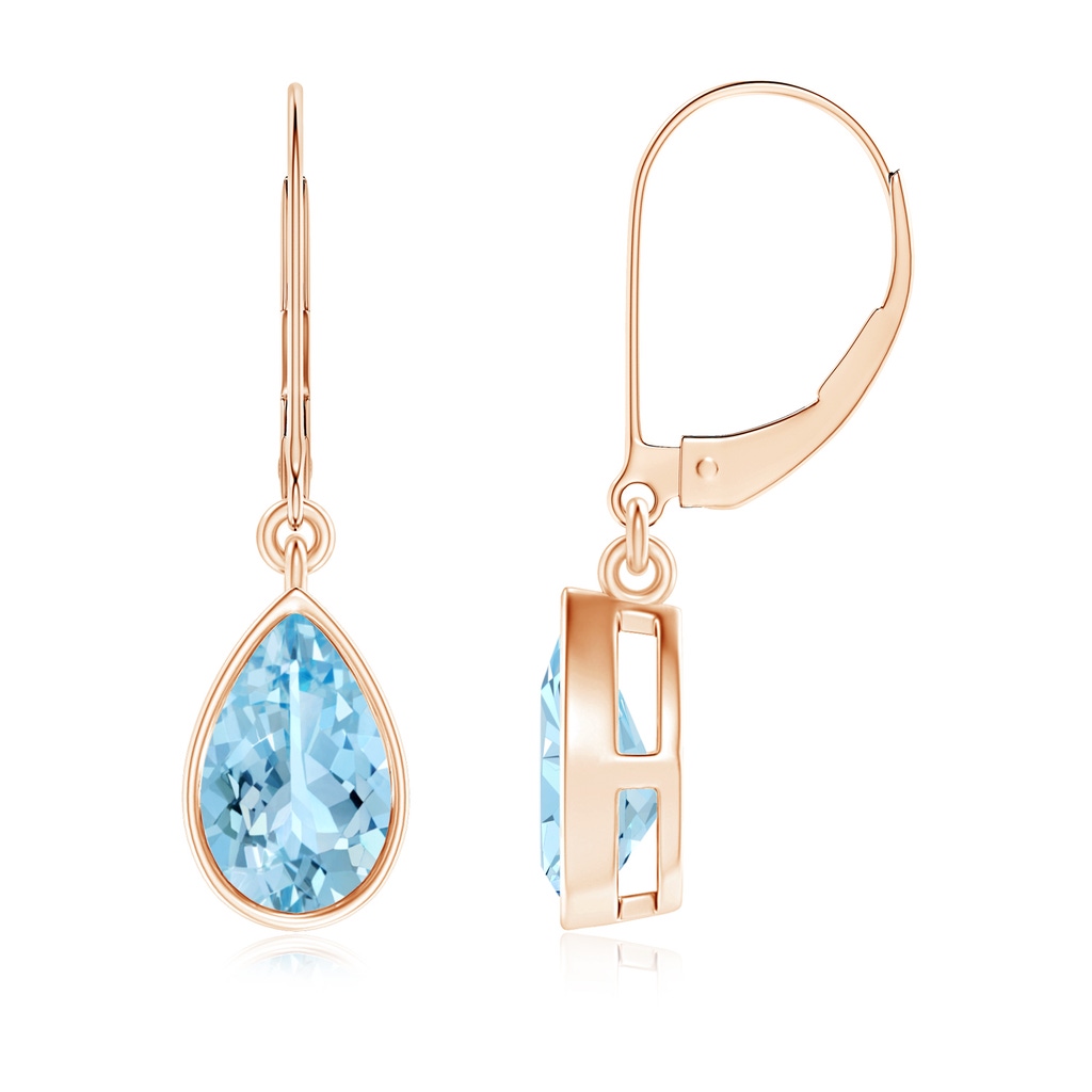 8x5mm AAAA Bezel-Set Pear Aquamarine Leverback Drop Earrings in Rose Gold