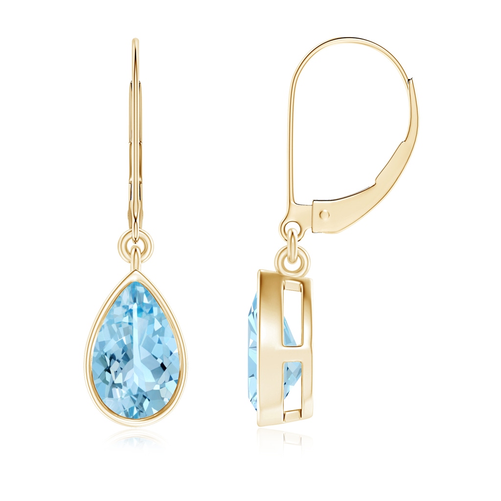 8x5mm AAAA Bezel-Set Pear Aquamarine Leverback Drop Earrings in Yellow Gold