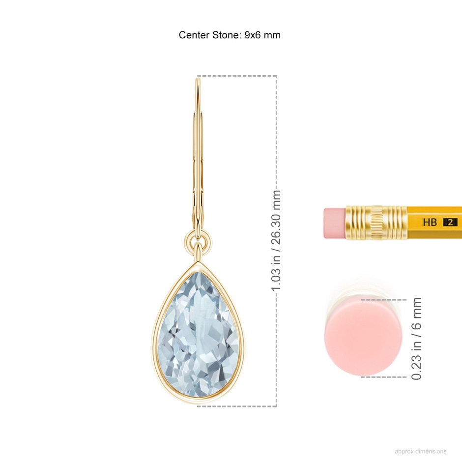 9x6mm A Bezel-Set Pear Aquamarine Leverback Drop Earrings in Yellow Gold ruler