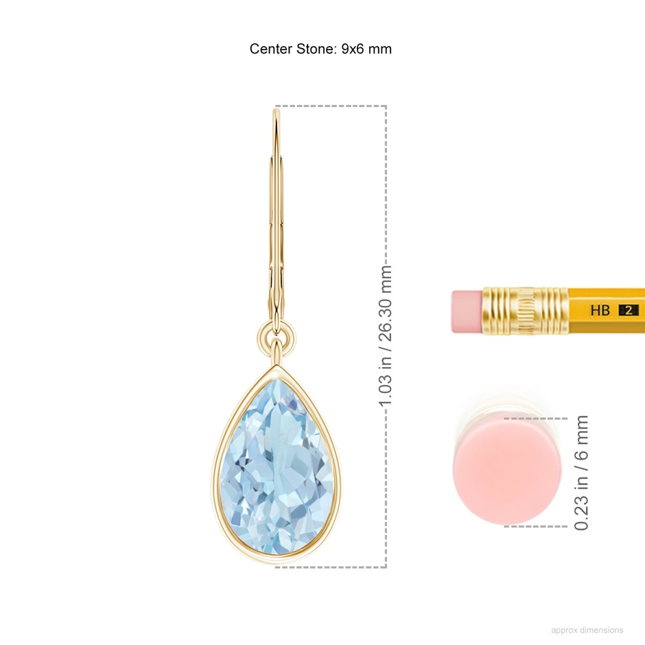 9x6mm AA Bezel-Set Pear Aquamarine Leverback Drop Earrings in Yellow Gold ruler