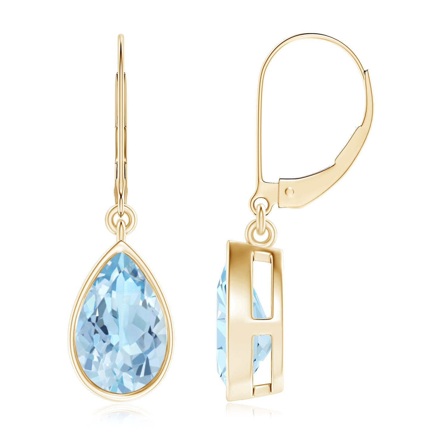 9x6mm AAA Bezel-Set Pear Aquamarine Leverback Drop Earrings in 18K Yellow Gold