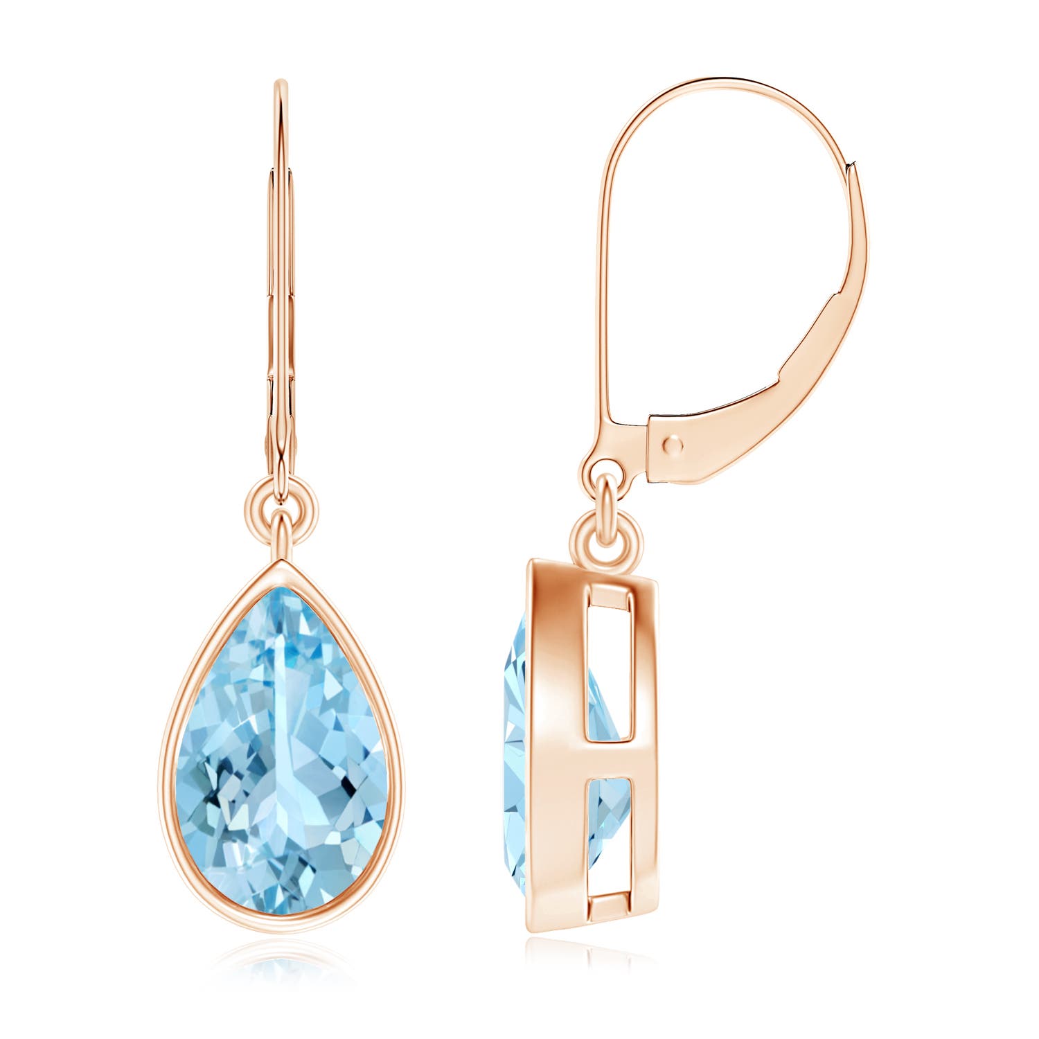 9x6mm AAAA Bezel-Set Pear Aquamarine Leverback Drop Earrings in Rose Gold
