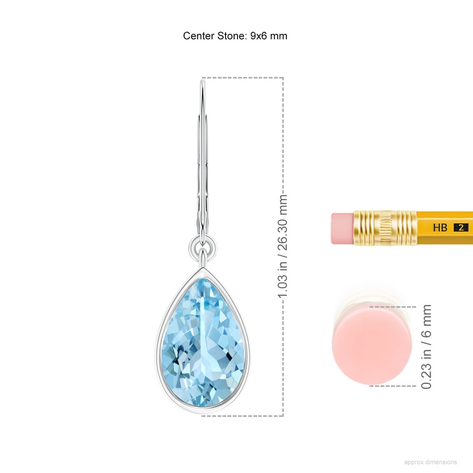 9x6mm AAAA Bezel-Set Pear Aquamarine Leverback Drop Earrings in S999 Silver ruler